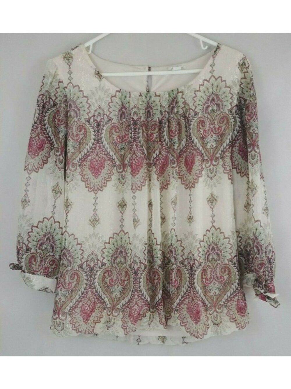 Westport Women’s 3/4 Sleeve Beige Sheer Metallic Floral Paisley Blouse Size M